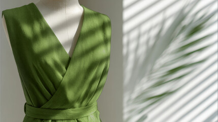 Elegant green dress displayed on mannequin with soft shadows and natural light creating ambiance