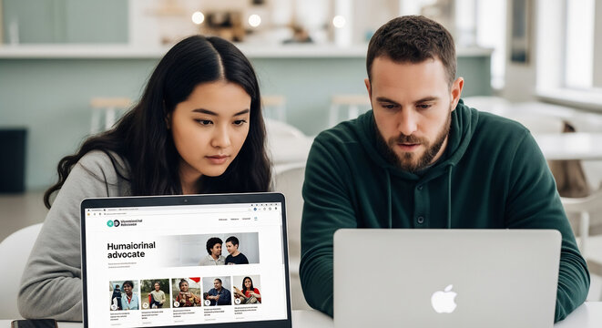 World Humanitarian Day: Diverse Young Professionals Collaborating on Laptop, Promoting Humanitarian Efforts Online - Powered by Adobe