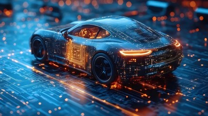 デジタル回路の模様が特徴的な黒い電気自動車のコンセプトモデルのクローズアップ