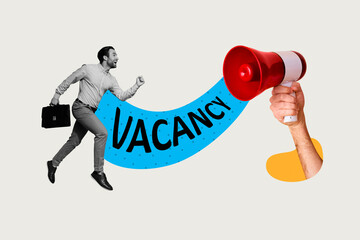 Composite 3d art pop image collage of happy businessman run hand hold megaphone vacancy offer...