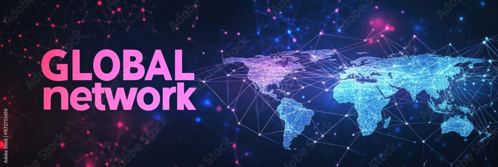 Poster visual layout highlighting global network connectivity through digital representation