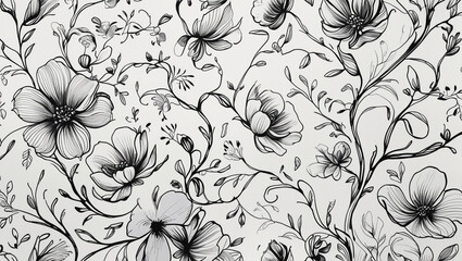 Floral seamless pattern flower drawing botanical illustration black and white background wallpaper design
