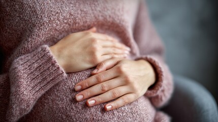 A person in a cozy sweater gently holds their stomach, conveying comfort and warmth.