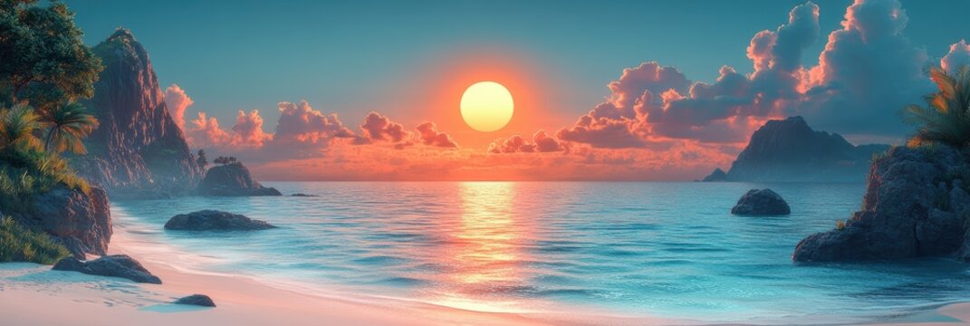 Beautiful sunset at a tranquil beach with calm waters and rocky formations