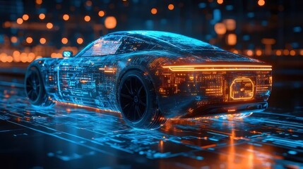 青とオレンジの回路詳細を備えたサイバーカーのデザインが夜景に照らされています