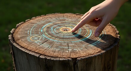 Hand Interacting with Futuristic HUD on Tree Stump