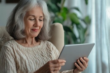 Senior woman enjoying a quiet moment at home while using a digital tablet