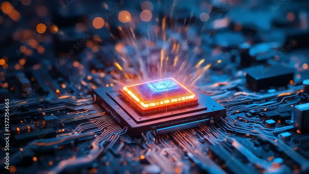 Poster circuit board sparks with bright light emitting from central processing unit