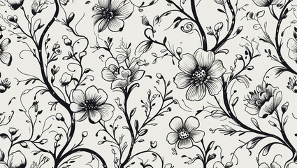 Fototapeta premium Black and white floral pattern botanical illustration flower drawing seamless background nature wallpaper design
