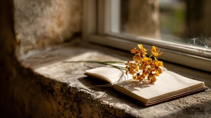Journal and flower sprig on stone windowsill, sunlit, space around