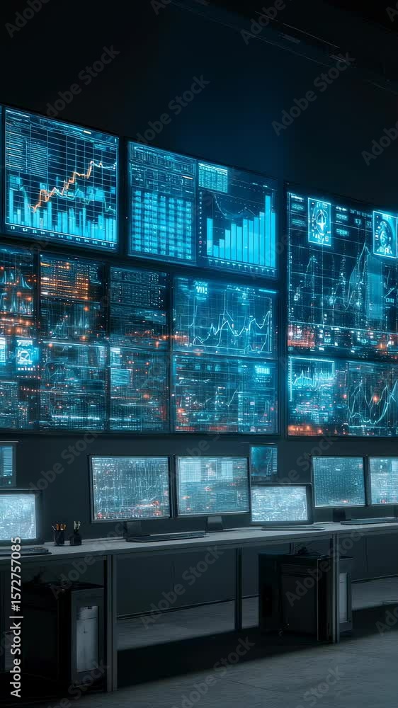 Poster engaging visual of a control room filled with holographic displays and digital dashboards representi