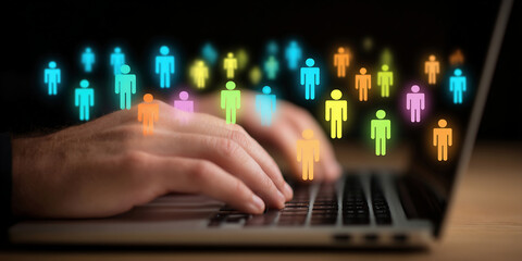 Target market or audience. Marketing segmentation strategy and analysis. Marketer using laptop computer to research customer data.