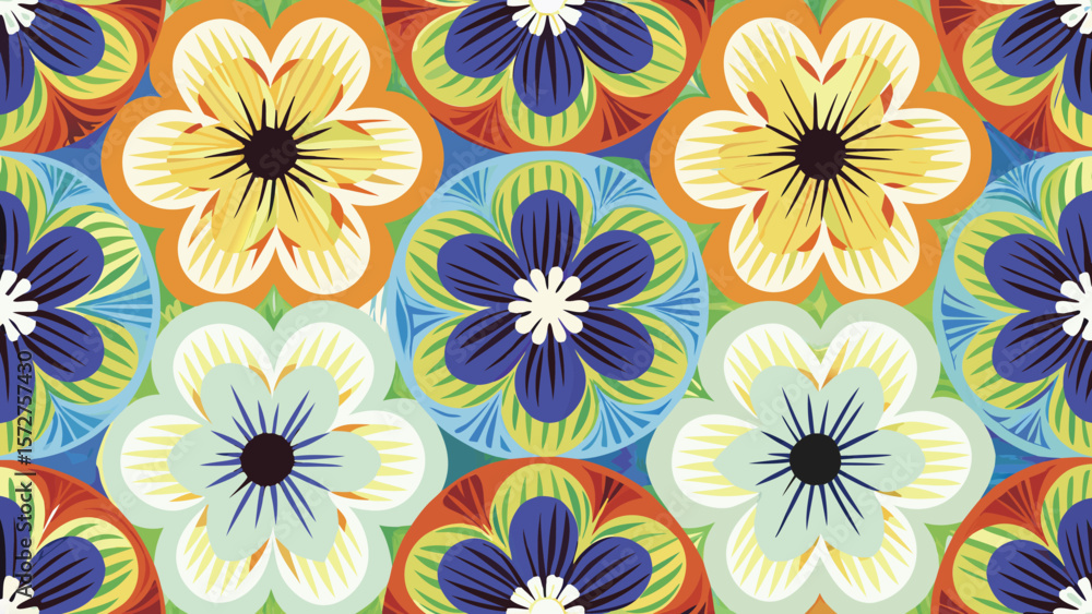 Poster floral pattern with colorful flowers in circles arranged in a repeating design with vibrant hues