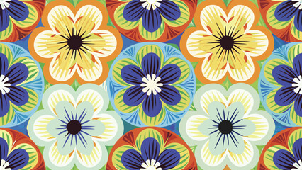 Floral pattern with colorful flowers in circles arranged in a repeating design with vibrant hues