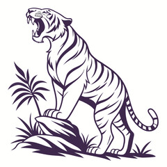 Obraz premium Striped wild tiger, a powerful feline predator, illustrated as a cartoon vector or realistic mammal, depicted on white, black, or sky backgrounds