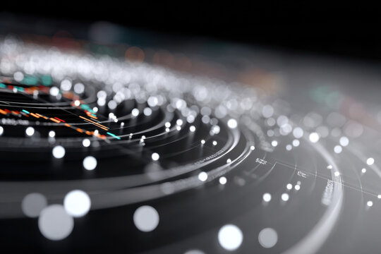 Futuristic circular interface showing data analysis and processing