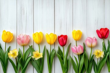 Spring flowers arranged on a white wooden background celebrating seasonal beauty and color