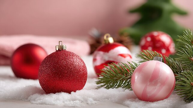 Christmas ornaments scattered on white snow with a decorated evergreen tree in the blurred background.