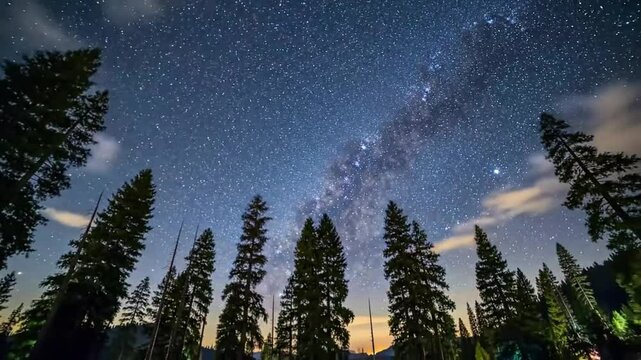 View of the milky way galaxy through trees with some clouds in the night sky view