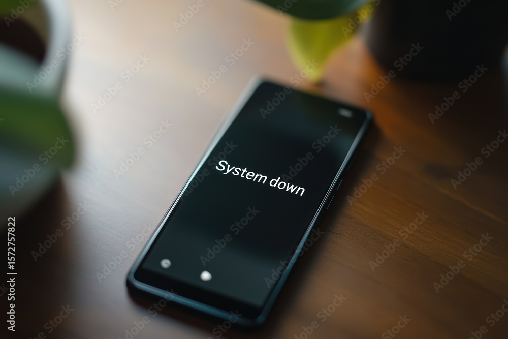 Aufkleber smartphone screen displays system down message while resting on wooden table