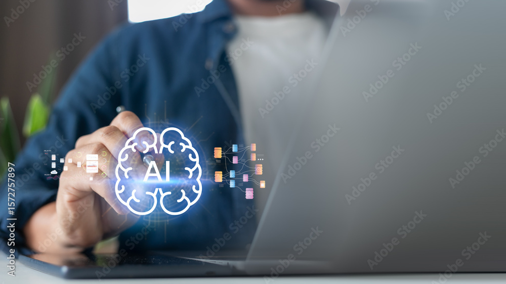 Poster businessman using digital pen and laptop with artificial intelligence brain graphic and data network