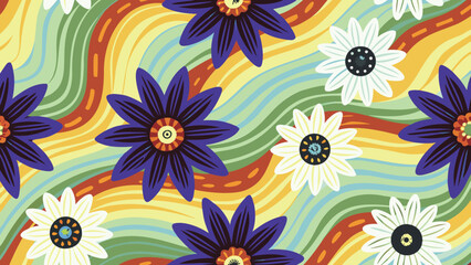 Floral pattern with purple and white daisies on wavy colorful background design art work style image