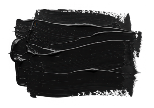 A thick black paint stroke creates a textured background with visible brush marks and gloss isolated on transparent background - Powered by Adobe