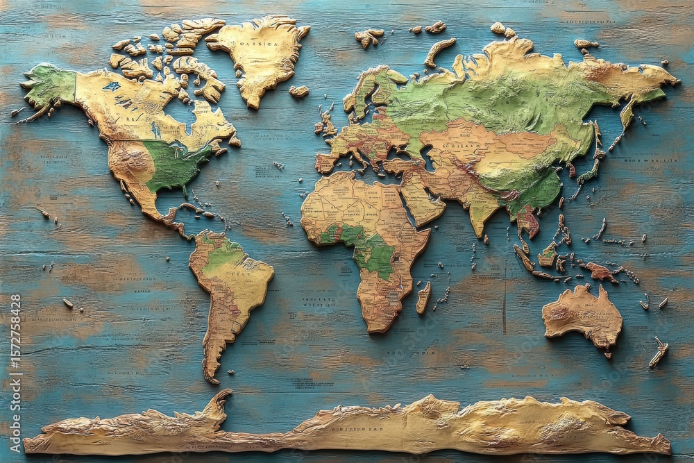 Poster detailed world map showcasing terrain variations in a minimalist style with vibrant colors