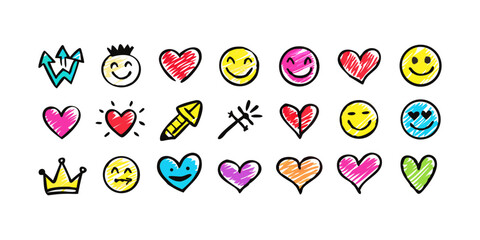Smile doodle emoji faces in hand drawn vector doodle sketchy style. Happy, sad, crying emotional scribbles, comic elements for business design.