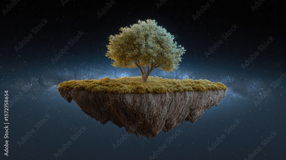 Poster surreal floating island with a glowing tree of life growing on top, cosmic atmosphere and copy space