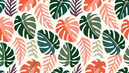 Colorful tropical leaf pattern featuring monstera and other leaf shapes in a vibrant and lively design