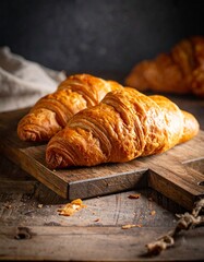 two golden-brown croissants placed on a rustic wooden cutting board, with a few crumbs scattered...