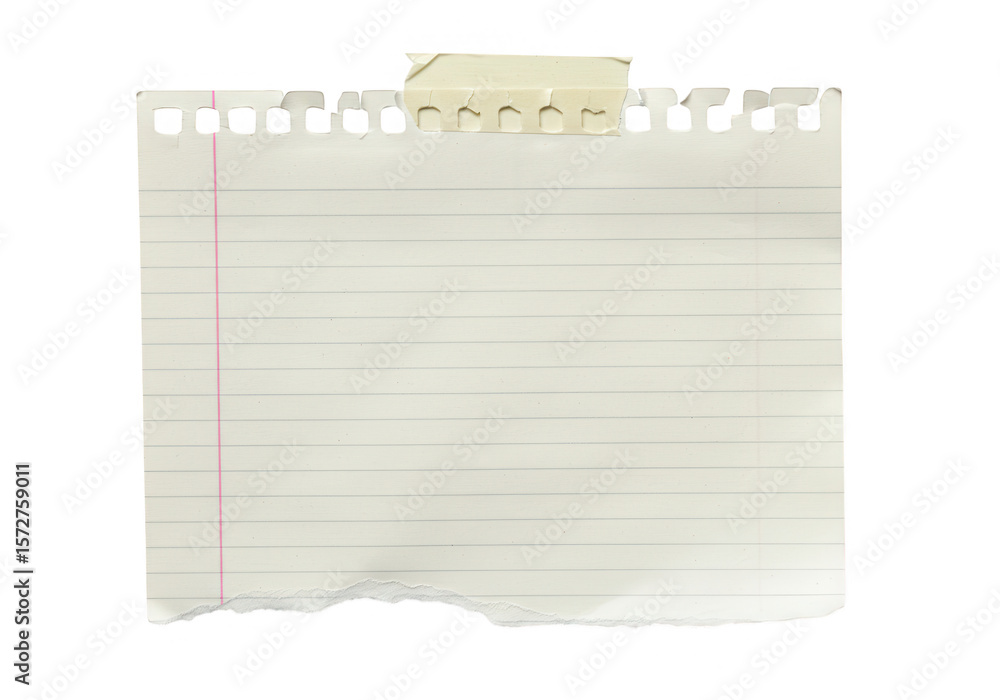 Poster a piece of lined paper with torn edges is taped, creating a vintage background texture isolated on t