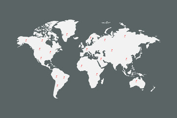 World map. World map with pin points, pointers, location pointers or flags. Destination or location concept. Travel around the world.