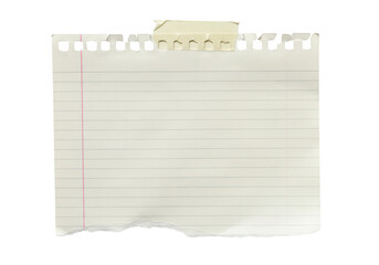 A piece of lined paper with torn edges is taped, creating a vintage background texture isolated on transparent background