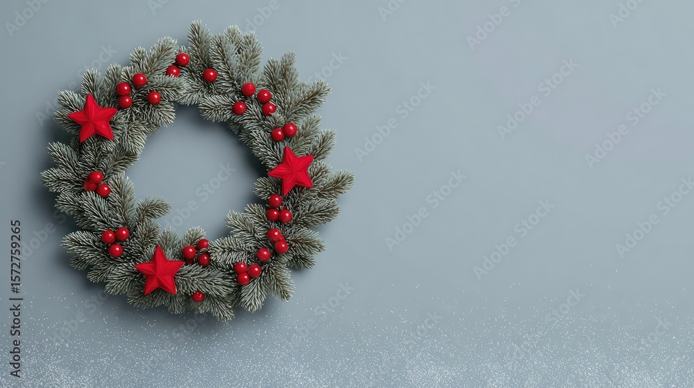 Aufkleber top-down view of holiday wreath elements and stars arranged in a border style on snowy background wi
