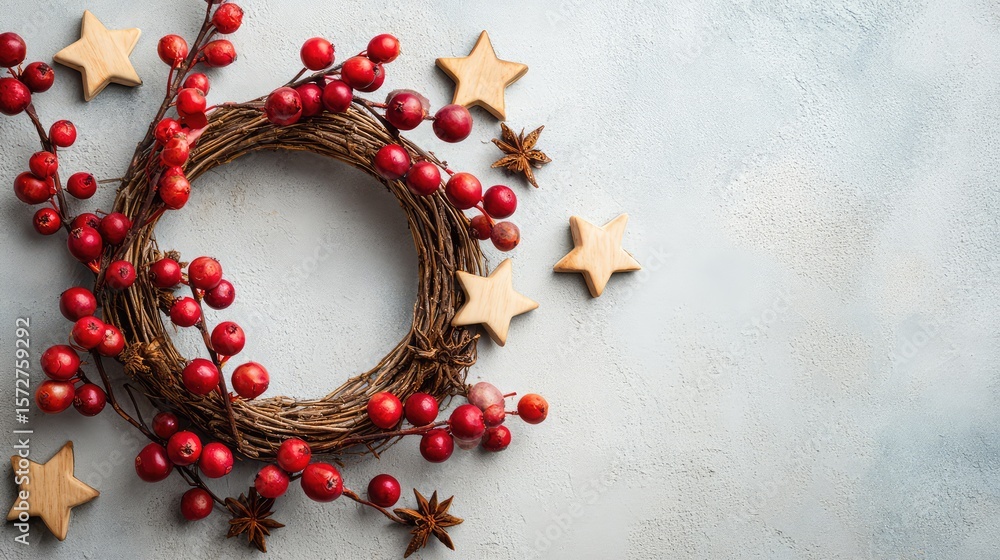 Poster top-down view of holiday wreath elements and stars arranged in a border style on snowy background wi