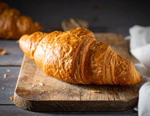 A golden-brown croissant is placed on a rustic wooden cutting board, with another croissant visible...