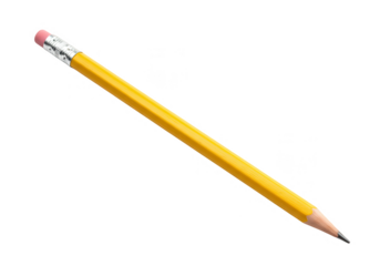 A yellow pencil with an eraser is isolated, ready for writing and drawing isolated on transparent background