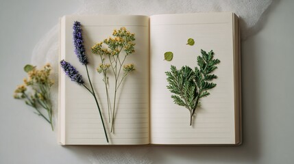 Vintage notebook and pressed herbs on soft cotton fabric, right-aligned minimal layout