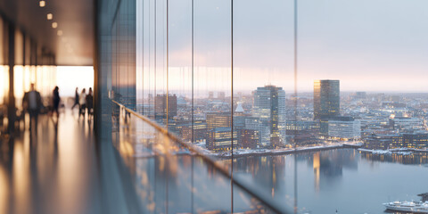 business city skyline view through window, concept of business global opportunity, finance background banner, achievement progress growth future potential,