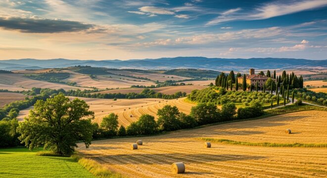 A tuscan villa sits atop rolling hills at sunset