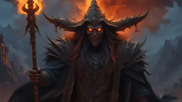 Dark sorcerer brandishing fiery staff in mystical realm, suitable for fantasy book covers, gaming concepts, and magical themed designs.