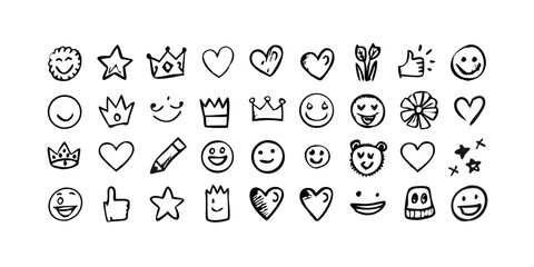 Smile doodle emoji faces in hand drawn vector doodle sketchy style. Happy, sad, crying emotional scribbles, comic elements for business design.