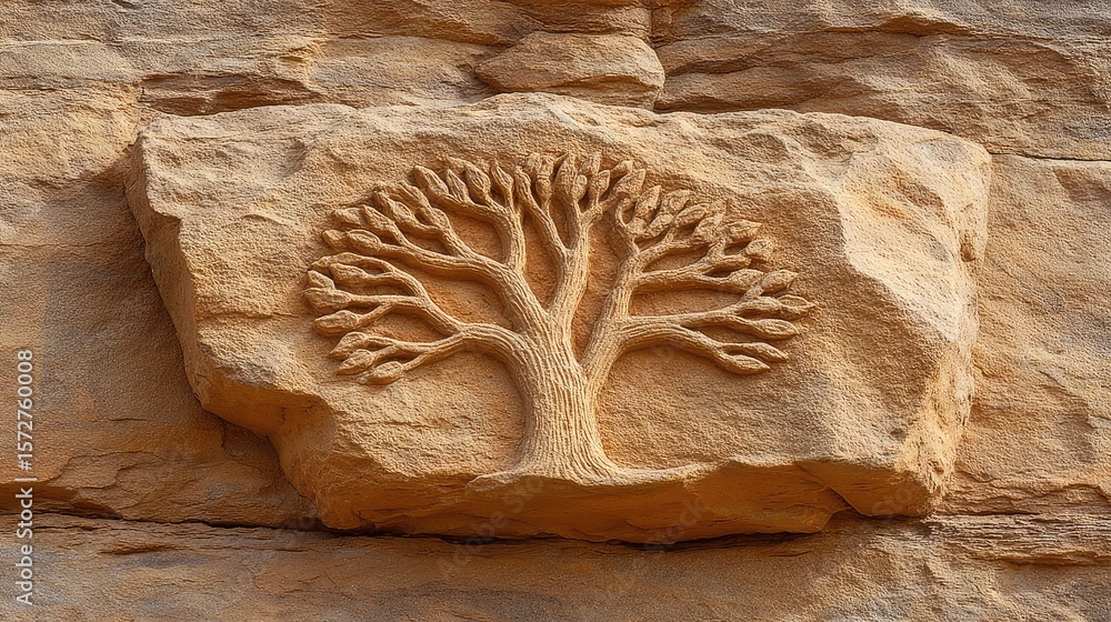 Poster tree of life carved into stone texture, ancient design style with natural elements and empty space