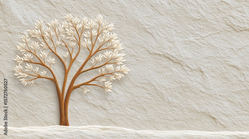 Poster tree of life carved into stone texture, ancient design style with natural elements and empty space