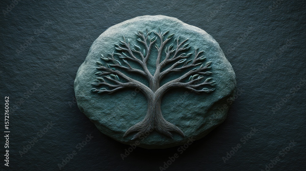 Poster tree of life carved into stone texture, ancient design style with natural elements and empty space