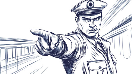 Sketch of a subway staff member giving a stern look, drawn in expressive line art style with authoritative posture, ideal for public transportation illustrations, safety signage, urban service visuals