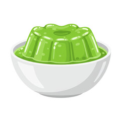 Green gelatin dessert in a white bowl, showcasing a smooth texture and vibrant color