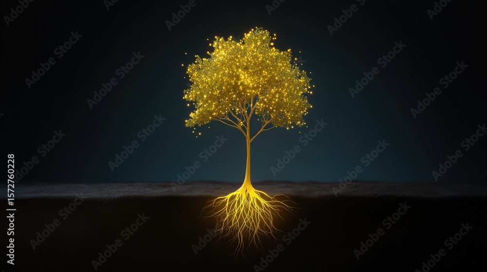 Poster tree of life formed from glowing particles and roots fading into light, placed on black background w